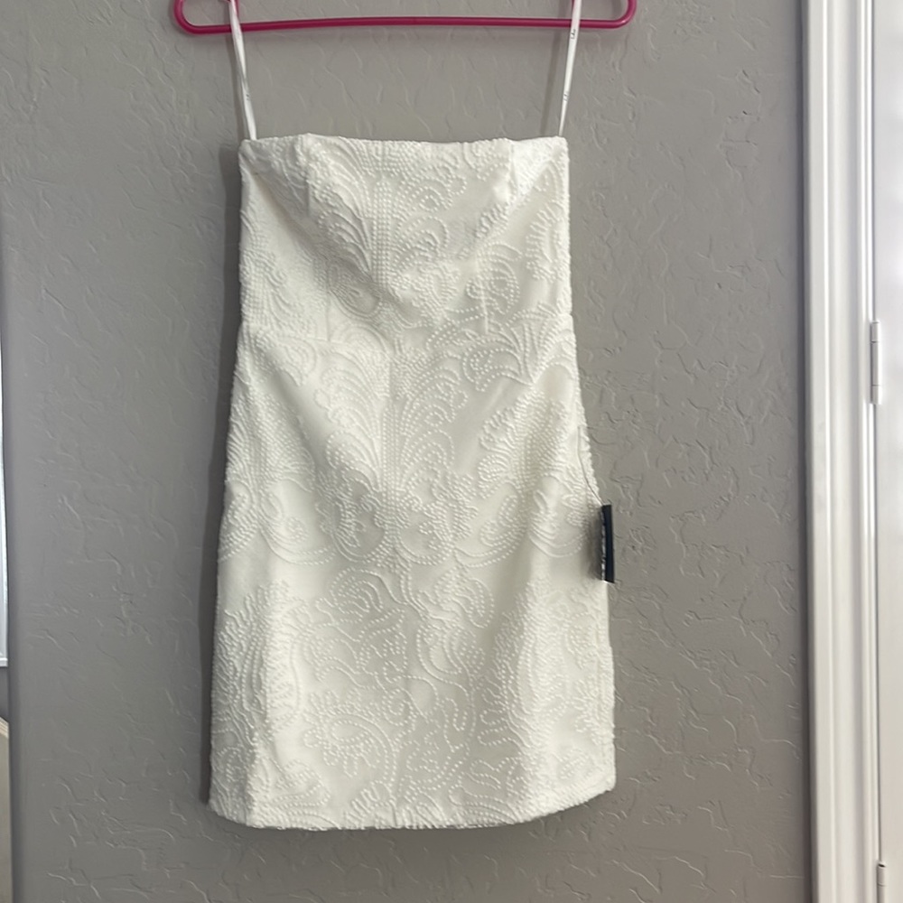 Lulus white mini embroidered strapless dress- Spring Break!